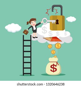 Businesswoman unlock money rain, illustration vector cartoon