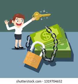 Businesswoman unlocking money key to success, illustration vector cartoon