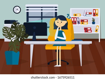 Businesswoman is upset sitting on office chair at a computer desk. She is looking at the computer monitor. Front view. Color vector cartoon illustration