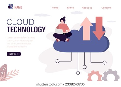 Businesswoman use laptop and sits on big cloud. Remote servers, cloud technology, landing page template. Adding media content, data storage. Loading and uploading files. Web hosting. flat vector 