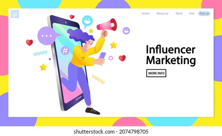 Businesswoman use megaphone and mobile phone. Refer a friend concept banner. Digital marketing strategy. employee talk on video call on smartphone with diverse colleagues. Flat Vector. 