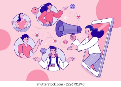 Businesswoman use megaphone and mobile phone. Refer a friend concept banner. Digital marketing strategy. employee talk on video call on smartphone with diverse colleagues. Flat Vector. 