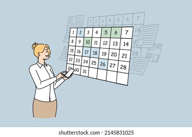 Businesswoman use smartphone plan appointment for day in calendar application. Woman scheduling appointments and events on cellphone app. Time management. Vector illustration. 