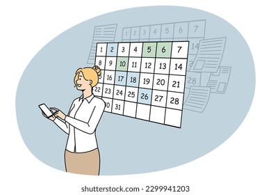 Businesswoman use smartphone plan appointment for day in calendar application. Woman scheduling appointments and events on cellphone app. Time management. Vector illustration.