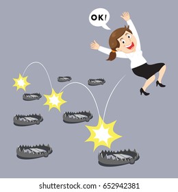 Businesswoman Use Trick To Escape Bear Trap Success, Vector Illustration Cartoon