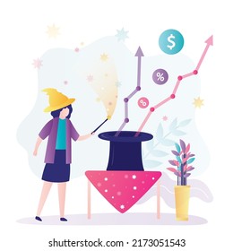 Businesswoman used magic to increase profits. Girl with help of magic wand and top hat raised salary. Sorceress improved statistics and income of company. Stock market wizard. Flat vector illustration
