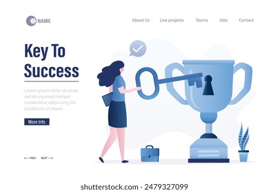 Businesswoman uses big key unlocking champion cup with keyhole, landing page template. Key to success, victory, winning in contest, business competition. Reward, successful woman. vector illustration