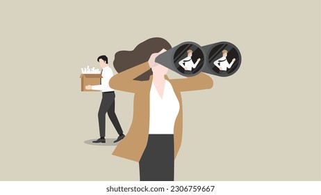 ฺHR businesswoman uses binoculars to find candidate for a resigned or fired company employee. Headhunting, Human Resource, job vacancy, Recruitment, hiring, employment, and career opportunity concept.