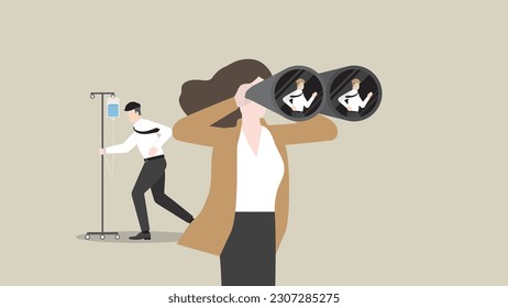 ฺHR businesswoman uses binoculars to find a candidate replace a sick employee, saline drip. Headhunting, Human Resource, job vacancy, Recruitment, hiring, employment and career opportunity concept.