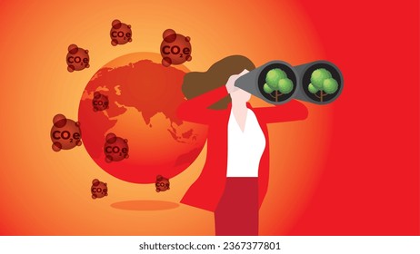 A businesswoman uses binoculars to find a tree for a red, hot earth with CO2e. Environmental concern, Net zero carbon footprint emission, Sustainability, Global heating, Climate emergency, and crisis.