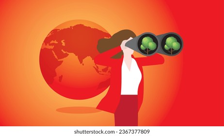 A businesswoman uses binoculars to find a tree with red and hot earth. Environmental concern, Net zero carbon footprint emission, Sustainability, Global heating, Climate emergency, and crisis concept.