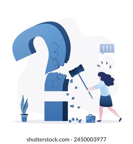 Businesswoman uses hammer and smashing big question mark. Problem solving, brainstorming. Search for new ideas. Imagination, creativity. Female employee overcoming obstacles. Flat vector illustration