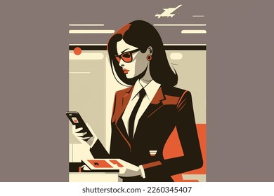 A businesswoman uses her cellphone to contact and arrange work, Flat Design
