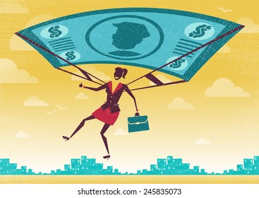 Businesswoman uses her Financial Dollar Bill Parachute. Illustration of Retro styled Businesswoman who's remembered to pack her Dollar Bill Parachute and land to safety in the business landscape.