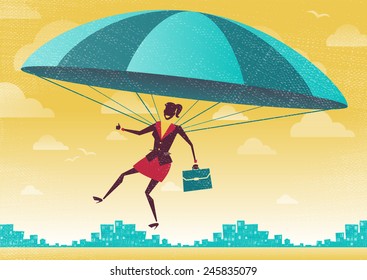 Businesswoman uses her Parachute. Great illustration of Retro styled Businesswoman who's remembered to pack her Parachute and land to safety in the business landscape.