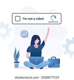 Empresaria usa laptop, gran cartel - No soy un robot. El usuario de la mujer necesita comprobar el captcha: no soy un robot, el código de la computadora en el gadget. Tecnología de seguridad, ciberespacio. Spam, Identificación de robots. Vector