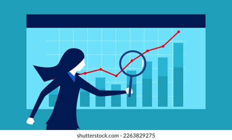 Businesswoman uses a magnifying glass to see a growth chart. Business analysis or problem analysis. concept of finance and investment