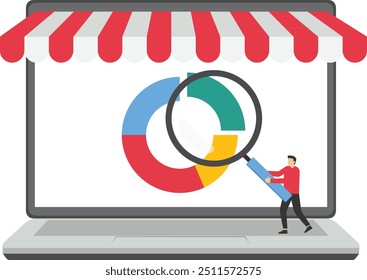 Empresaria utiliza una lupa para ver el mercado comercial. Análisis de negocio o análisis de mercado. Ilustración vectorial moderna en estilo plano

