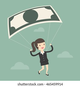 Businesswoman Using Bank Note As a Parachute. Business concept cartoon illustration.