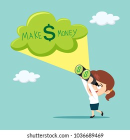 Businesswoman using binoculars to find money, illustration vector cartoon