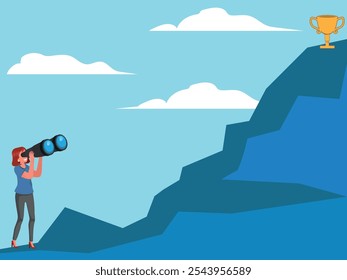 businesswoman using binoculars to spot a trophy at the top of the mountain. Business challenge and achievement concept. vector illustration.