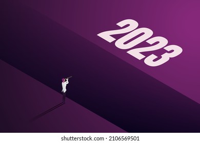 Businesswoman using binoculars standing on the edge of the gap to reach goal 2023 business challenge concept obstacles to success. isometric vector illustration.