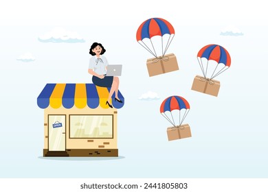 Businesswoman using computer with delivery drop ship package flying parachute, drop shipping business model by open e-commerce website store and let supplier ship product directly to customer (Vector)