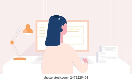 Businesswoman using computer at desk sitting on chair.