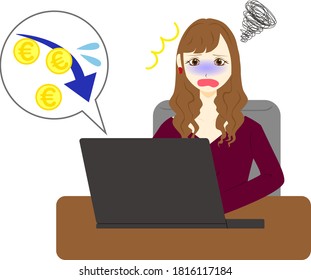 Businesswoman using computer. 
Euro arrow down rate decrease price value finance.