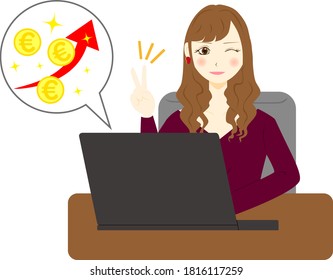 Businesswoman using computer. 
Euro arrow up rate increase price value finance.