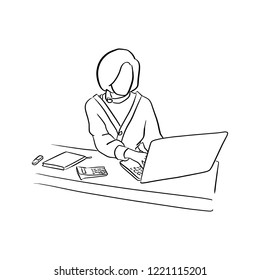 businesswoman using computer notebook laptop on her desk vector illustration sketch doodle hand drawn with black lines isolated on white background