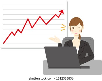 Businesswoman using computer. 
Stock arrow up rate increase price value finance.