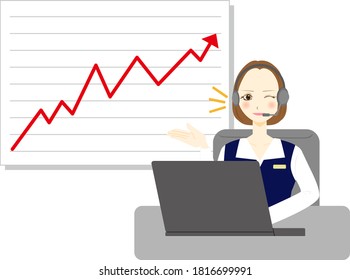 Businesswoman using computer. 
Stock arrow up rate increase price value finance.