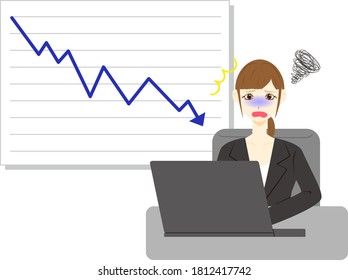 Businesswoman using computer. Stock  vector. Stock price drops.