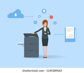 businesswoman using a copier machine. comparing between file data and paper document.