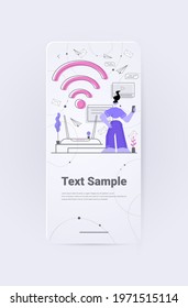 businesswoman using digital gadget girl surfing internet free wifi public access zone hotspot