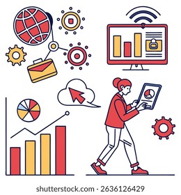 Businesswoman using digital tablet, analyzing data, global network, progress chart, and gear icons.