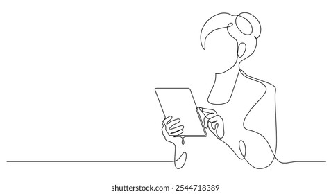 businesswoman using digital tablet portrait posing advertising one line drawing continuous minimalism