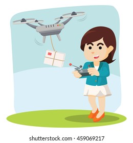 businesswoman using drone for delivering mail
