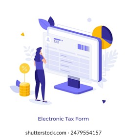 Businesswoman using e-papers for taxation report. Manager at computer monitor. Electronic tax form or concept Regular business payments flat vector illustration