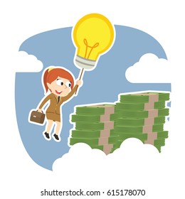 businesswoman using her idea to the top of money peak