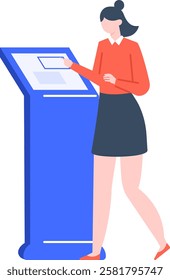 Businesswoman using interactive kiosk with large touchscreen interface selecting information or using self service payment terminal, vector illustration