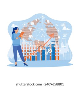 Businesswoman using interface financial graph on a world map background. A woman is standing using a digital tablet in a modern office. Modern creative telecommunication concept.