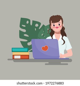 Businesswoman using laptop at desk with new good idea. Flat animation character.