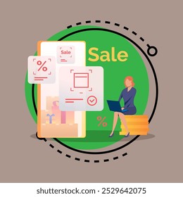 Businesswoman using laptop to offer discounts in her internet store vector illustration. Huge smartphone with sale offer and gift boxes. Business, shopping, sale, technology concept for banner design