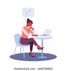 Businesswoman using laptop at office desk. Colorful flat design vector illustration. Woman sitting at table and working on notebook computer 