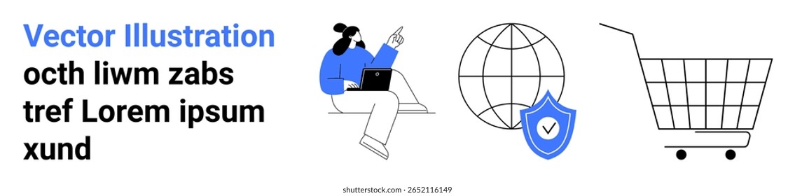 Empresária usando um laptop, apontando para o texto com uma caneta. Ícone de globo representando conexões globais, escudo de segurança destacando a segurança on-line e carrinho de compras simbolizando o e-commerce. Ideal