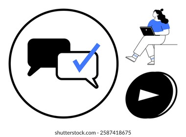 Businesswoman using a laptop, two speech bubbles with checkmark, and a play button. Ideal for online communication, digital marketing, productivity tools, educational content, social media