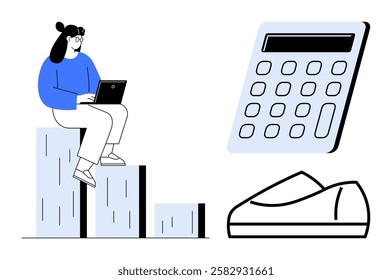 Businesswoman using laptop while sitting on bar chart, large calculator, and a pair of loafers. Ideal for finance, business growth, accounting, entrepreneurship, financial planning, career