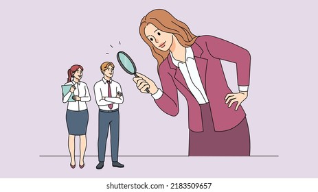 Businesswoman Using Magnifier Looking For Job Candidates. Female Boss With Magnifying Glass Consider Candidacy For Work Vacancy. Employment And Hiring. Vector Illustration. 